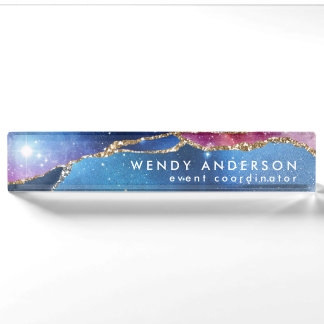 Trendy Watercolor Galaxy Gold Glitzer Agate Namensplakette