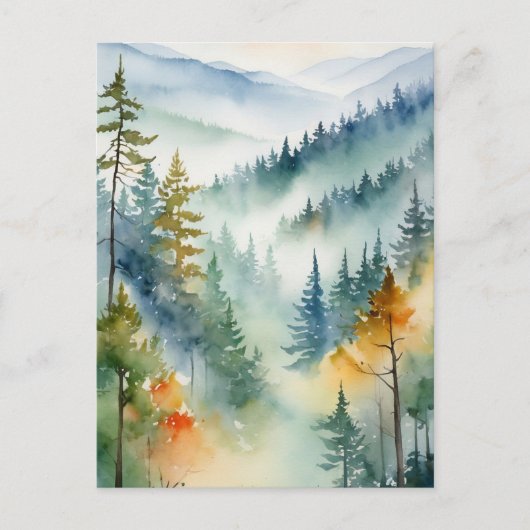 Trendy Watercolor Green Pine Forest Mountain Postkarte (Vorderseite)