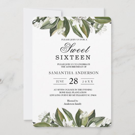 Trendy Watercolor Grüne Blätter & Weiße Blume Einladung (Vorderseite)