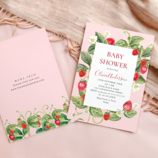 Trendy Watercolor Meadow Strawberry Babydusche Einladung