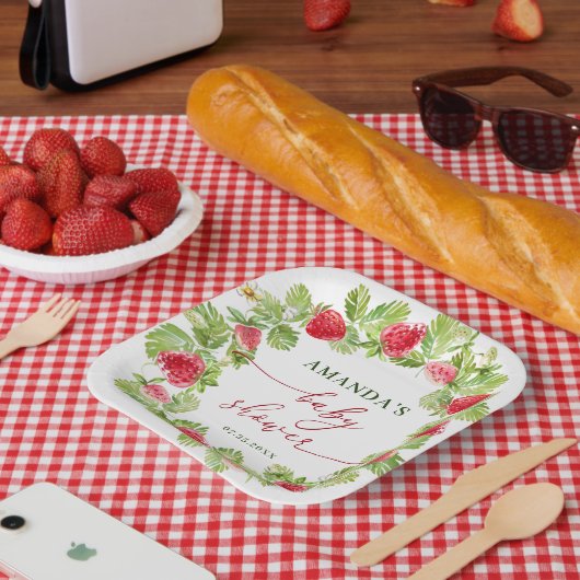 Trendy Watercolor Meadow Strawberry Babydusche Pappteller (Picknick)