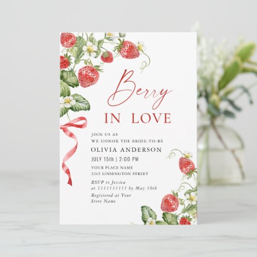 Trendy Watercolor Meadow Strawberry Brautparty Einladung (Stehend Vorderseite)