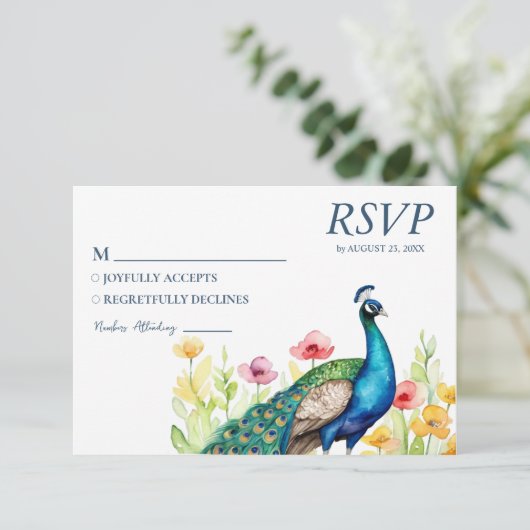 Trendy Watercolor Peacock-Blume RSVP Karte (Stehend Vorderseite)