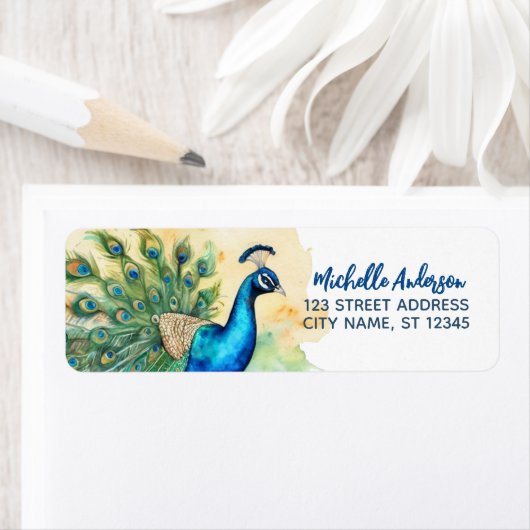 Trendy Watercolor Peacock-Rücksendeadresse (Insitu)