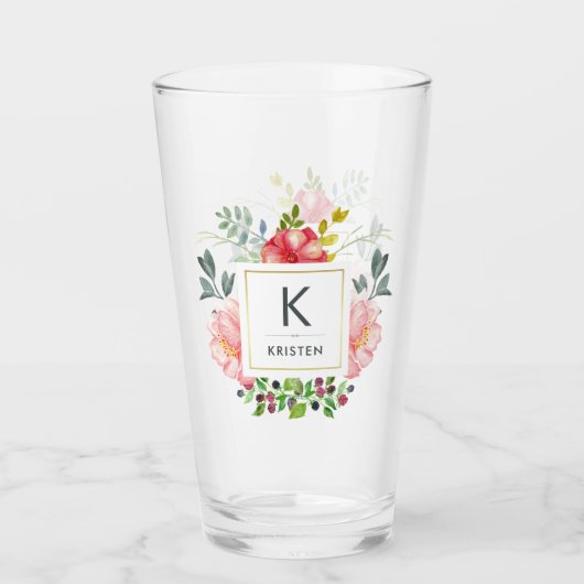 Trendy Watercolor Peony Blume | Monogramm Glas (Vorderseite)
