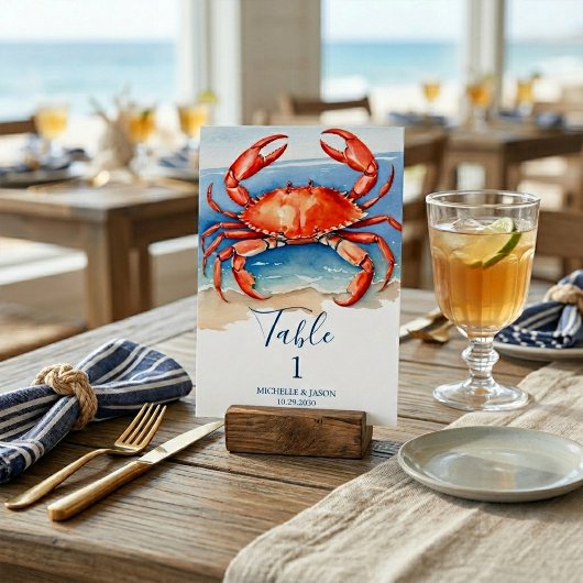 Trendy Watercolor Red Crab Nautic Tischnummer