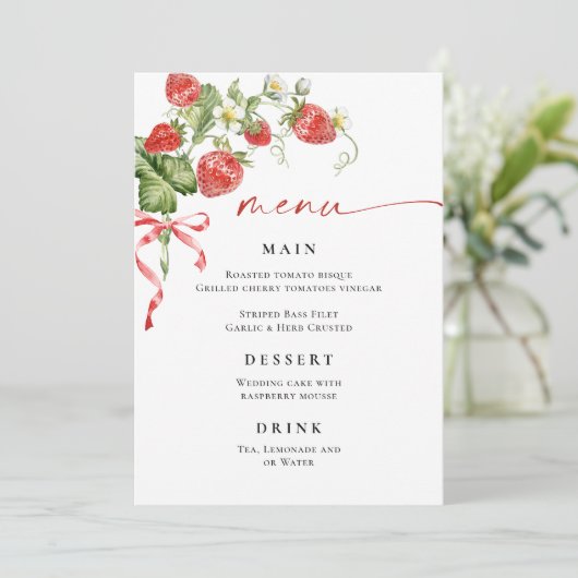 Trendy Watercolor Strawberry Brautparty Menu Menükarte (Stehend Vorderseite)
