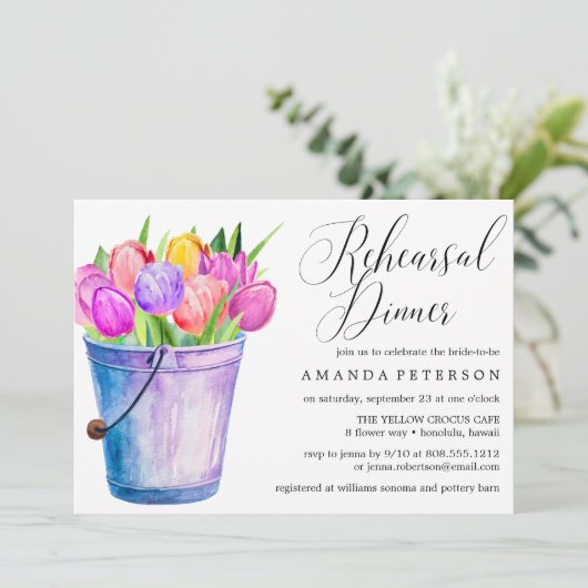 Trendy Watercolor Tulips Rustikale Probe Dinner Einladung (Stehend Vorderseite)