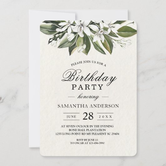 Trendy Watercolor Weiße Blume und Blätter Einladung (Vorderseite)