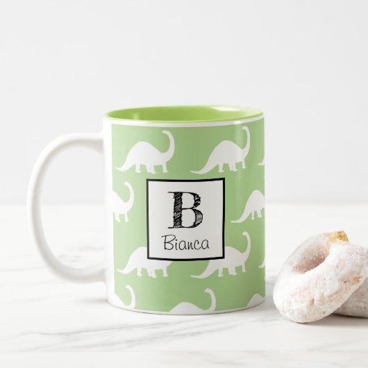 Trendy weiße Brontosaurus-Dinosaurier Zweifarbige Tasse (Mit Donut)