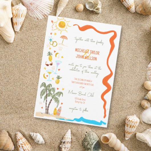 Trendy Whimsical Doodle Hand Drawn Beach Wedding Einladung