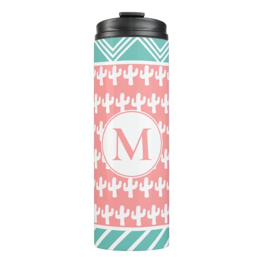 Trendy White Cactus & Geometric | PERSONALISIERT Thermosbecher (Vorderseite)