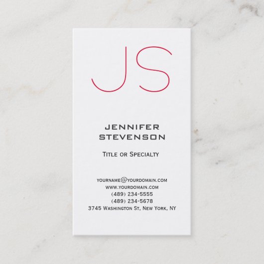 Trendy White Crimson Red Monogram Business Card Visitenkarte (Vorderseite)