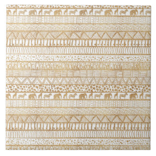 Trendy White & Gold Tribal African Pattern Fliese