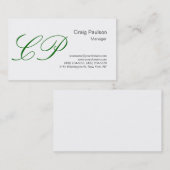 Trendy White Green Script Monogram Business Card Visitenkarte (Vorne/Hinten)