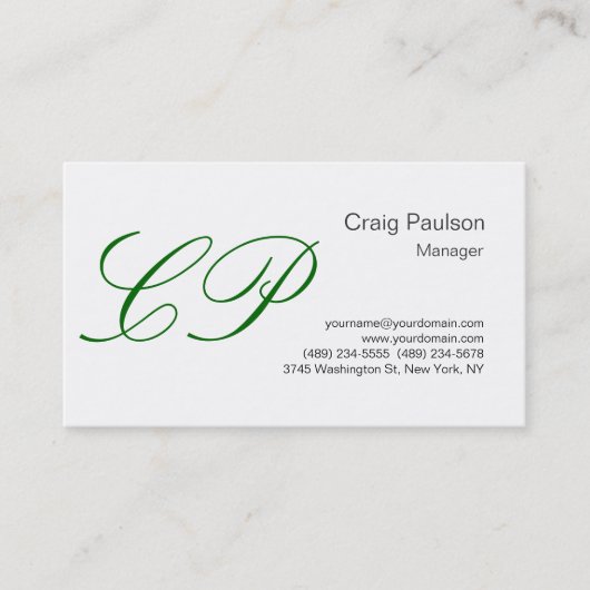 Trendy White Green Script Monogram Business Card Visitenkarte (Vorderseite)