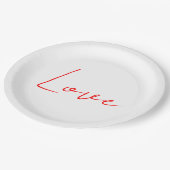Trendy White Red Liebe Wedwriting Handwriting Name Pappteller (Schrägansicht)