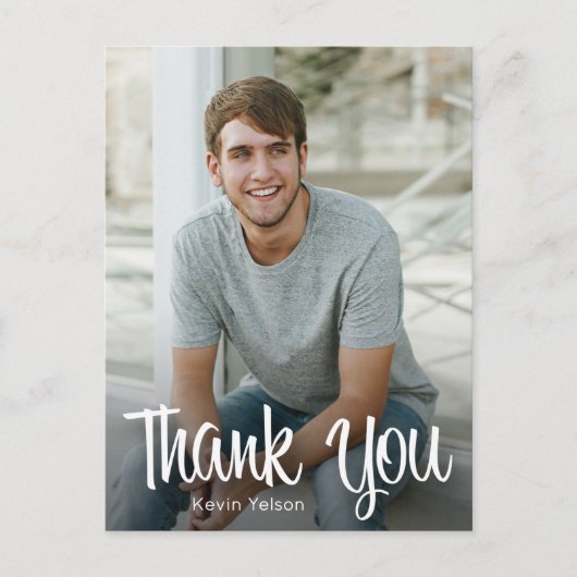 Trendy White Script Vielen Dank Foto Abschluss Postkarte (Vorderseite)