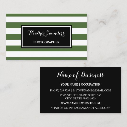 Trendy Wide Green und White Stripes Fotograf Visitenkarte (Vorne/Hinten)
