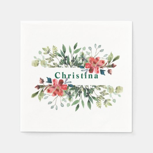 Trendy Winter Green Blätter mit roten Blume Serviette (Vorderseite)