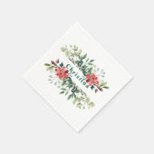 Trendy Winter Green Blätter mit roten Blume Serviette (Ecke)