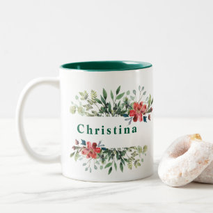 Trendy Winter Green Blätter mit roten Blume Zweifarbige Tasse