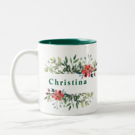 Trendy Winter Green Blätter mit roten Blume Zweifarbige Tasse