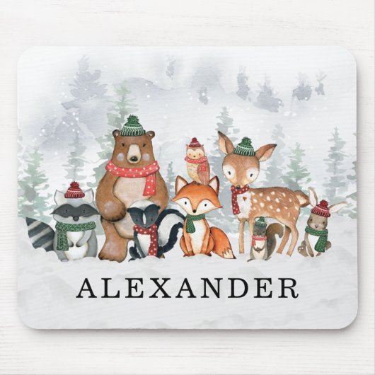 Trendy Winter Woodland Forest Baby Animals Mousepad (Vorne)