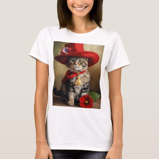 Trendy Women's T - Shirt Coole Katze mit Rot (Vorderseite)
