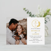 Trendy Wreath FOIL Foto Wedding Einladung (Stehend vorne)