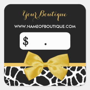 Trendy Yellow Bow Giraffe Print Boutique Price Tag Quadratischer Aufkleber
