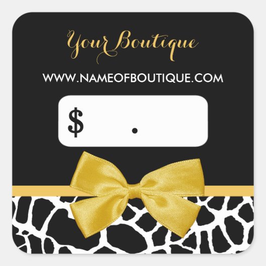 Trendy Yellow Bow Giraffe Print Boutique Price Tag Quadratischer Aufkleber (Vorderseite)