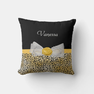 Trendy Yellow Cheetah Print Extravagant Bow and Na Kissen