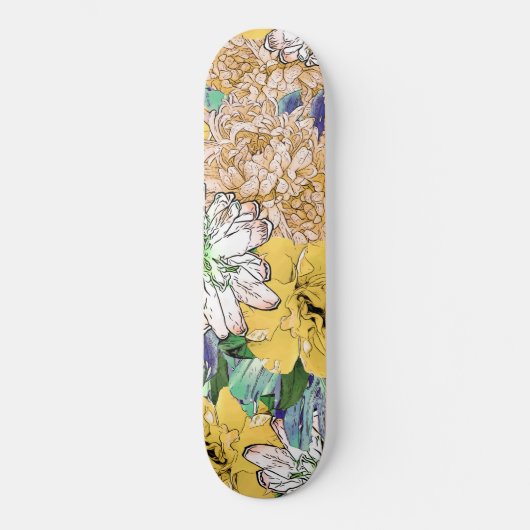 Trendy Yellow & Green Floral Girly Illustration Skateboard (Vorderseite)