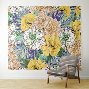 Trendy Yellow & Green Floral Girly Illustration Wandteppich
