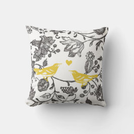 Trendy Yellow Grey and White Floral Bird Muster Kissen