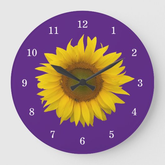 Trendy Yellow Sunflower Lila Country Floral Große Wanduhr (Vorderseite)