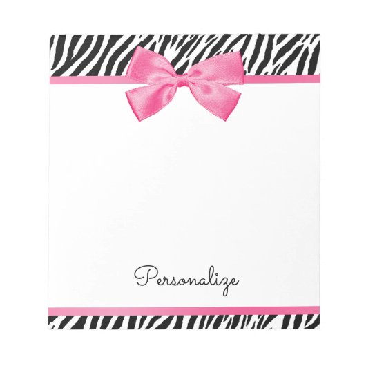 Trendy Zebra Print Chic Hot Pink Bow und Name Notizblock (Vorderseite)