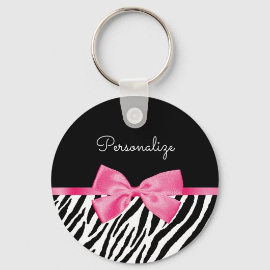 Trendy Zebra Print Chic Hot Pink Bow und Name Schlüsselanhänger (Vorderseite)