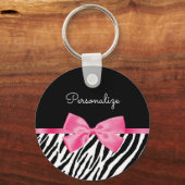 Trendy Zebra Print Chic Hot Pink Bow und Name Schlüsselanhänger (Vorderseite)