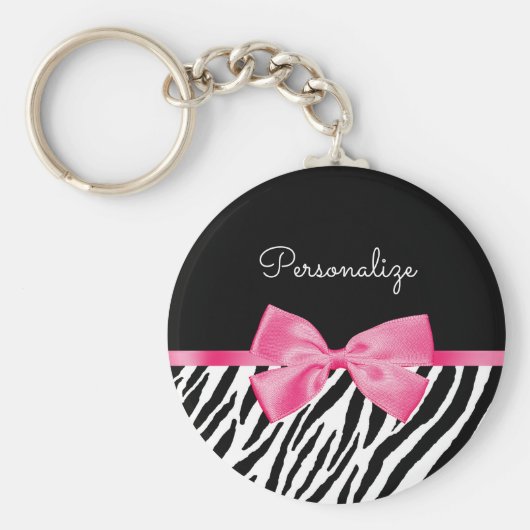 Trendy Zebra Print Chic Hot Pink Bow und Name Schlüsselanhänger (Vorne)