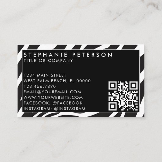 Trendy Zebra Print Custom Company Logo QR Code Visitenkarte (Rückseite)