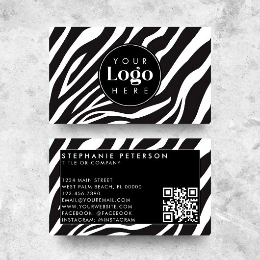 Trendy Zebra Print Custom Company Logo QR Code Visitenkarte