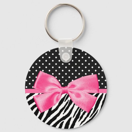 Trendy Zebra Print Polka Dots und Chic Pink Ribbon Schlüsselanhänger (Vorderseite)