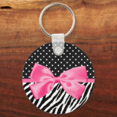 Trendy Zebra Print Polka Dots und Chic Pink Ribbon Schlüsselanhänger (Vorderseite)