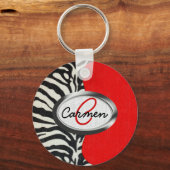 Trendy Zebra Print und Neon Red Monogram Schlüsselanhänger (Vorderseite)