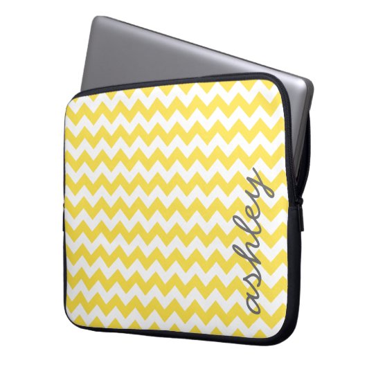 Trendy Zickzack Muster mit Namen - gelb grau Laptopschutzhülle (Vorderseite Links)