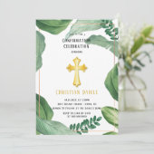 Trendygreenery Gold Cross Bestätigung Feier Einladung (Stehend Vorderseite)