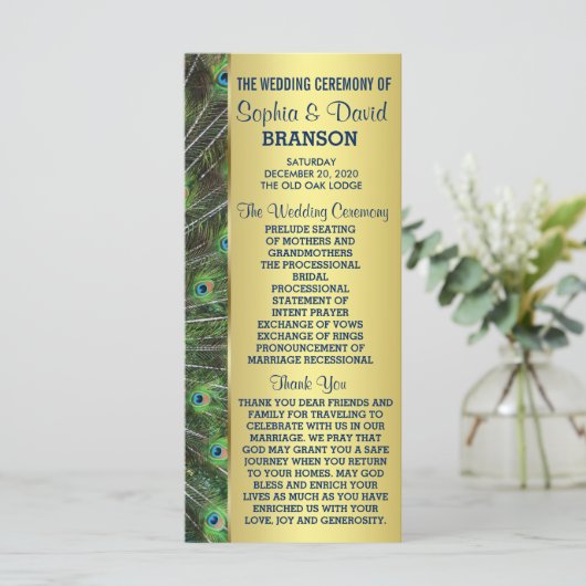 Treny Gold Peacock Wedding Custom Program Programm (Stehend Vorderseite)