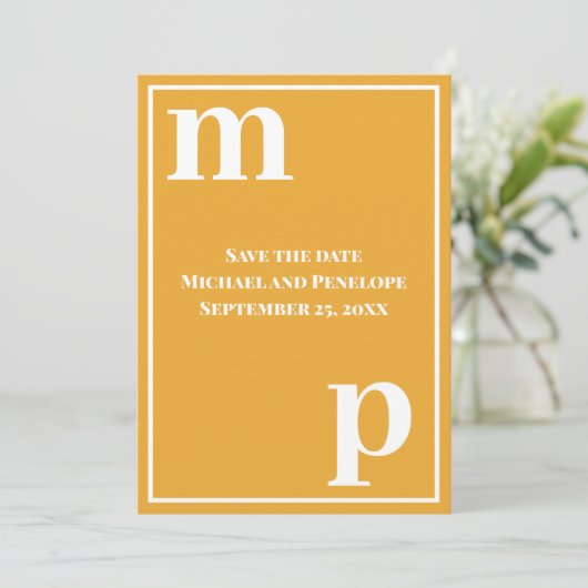Treny Lower Case Monogram Marigold Save the Date Einladung (Stehend Vorderseite)